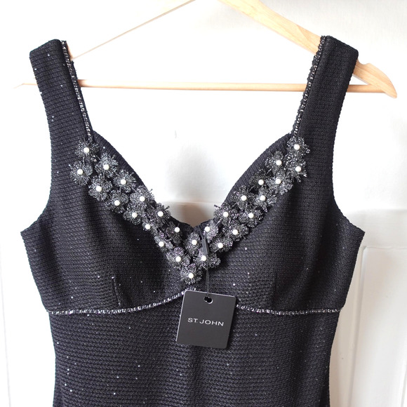 St John Dress Womens 6 Black Caviar Beaded Embellished Knit Cocktail NWT $1695 - Picture 2 of 12